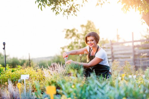 Front view of a gardener tending a community garden in Tooting