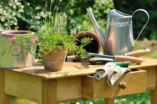 A wooden garden table set outdoors in a lush, green environment includes various gardening tools and plant containers. On the table, there are two terracotta pots filled with green, leafy herbs, a metal watering can with a curved handle, and a pair of garden gloves placed beside a small hand rake and trowel. The backdrop features blurred foliage, suggesting a well-maintained garden space. The surface of the table shows a natural wood grain finish, and the scene is illuminated by natural daylight, accentuating the vibrant green of the plants and the metallic shine of the watering can. This setting reflects a typical outdoor gardening workspace, suitable for lawn care and garden maintenance services in Tooting, with natural tones highlighting the outdoor environment and garden care activities.